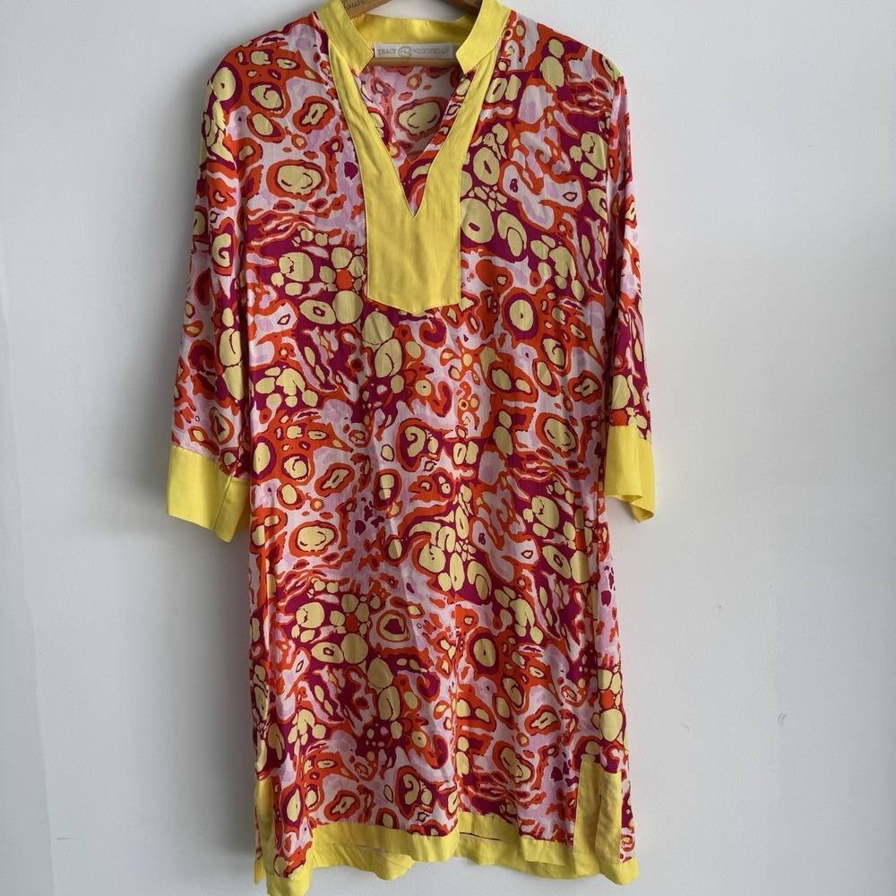 Tracy Negoshian Yellow Pink Tunic Dress Beach Cover Up Size Large L